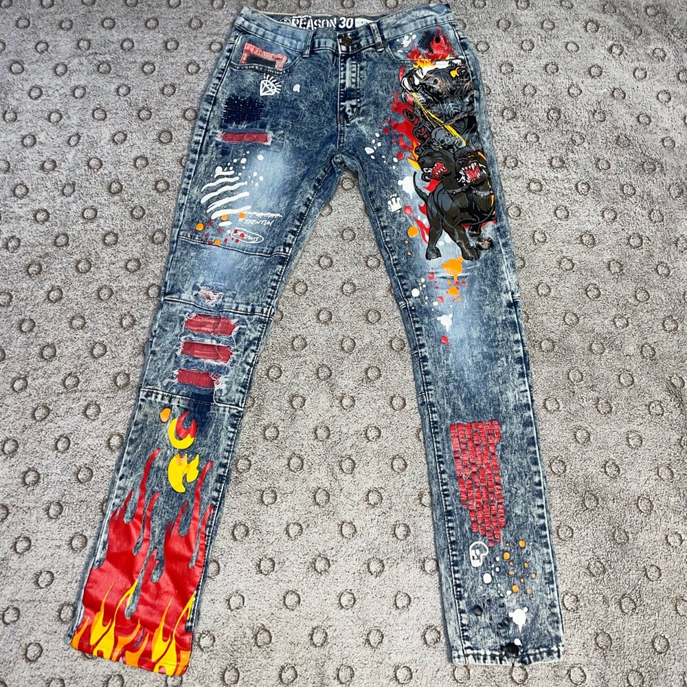 Reasons Men’s Hell Hounds Splash Paint Distressed Jeans Size 30 Acid Wash